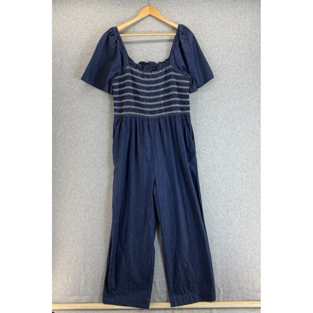 Draper James‎ Smocked Jumpsuit Wide Leg Pockets Denim Blue Womens Size XL